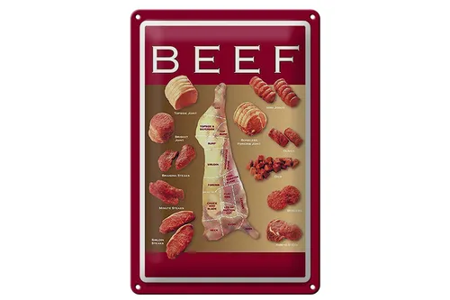 Blechschild Metzgerei 20x30 cm beef cut verschiedene Stücke vom Fleisch Schild