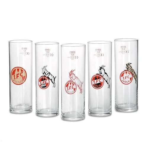 1. FC Köln Kölschglas 5er Set "Logos" - Weiß - Fußball-Fanartikel: 5er Set mit historischen FC-Logos, perfekt für Fans und ideal für gesellige Abende mit Kölsch.