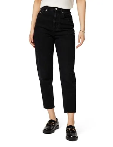 Tommy Jeans Mom-Jeans High Waist - Tapered Denim Black - Stylische Mom-Jeans mit hohem Bund und elastischem Denim, ideal für einen lässigen Look. Aus 99% Baumwolle, mit Logo-Badge und Logostickerei, perfekt für modebewusste Frauen.