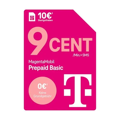 Telekom MagentaMobil Prepaid Basic SIM-Karte mit 10 € Guthaben - Genieße volle Kostenkontrolle mit der Telekom MagentaMobil Prepaid Basic SIM-Karte. Keine Grundgebühr, nur 9 Cent pro Minute in alle deutschen Netze. Ideal für flexible Nutzung ohne langfristige Verpflichtungen.