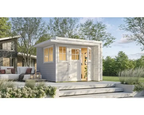 Gartenhaus weka Amberley 28 mm inkl. Fußboden, Fenster 350 x 353 cm grau-weiß