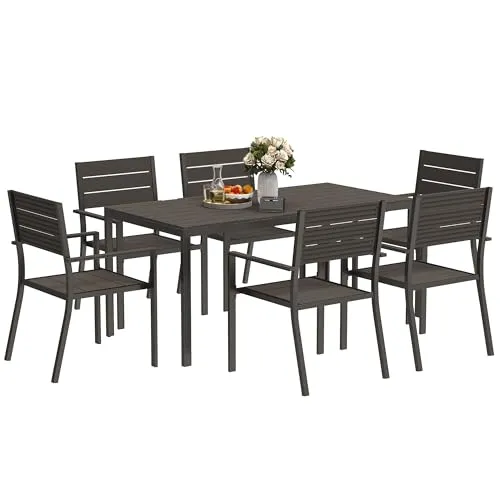 Outsunny Garten-Essgruppe mit 6 stapelbaren Stühlen - Essgruppen für 6 Personen, 7-teiliges Set mit komfortablen, hohen Rückenlehnen und leicht zu reinigendem HDPE-Tisch – ideal für Terrasse und Balkon.