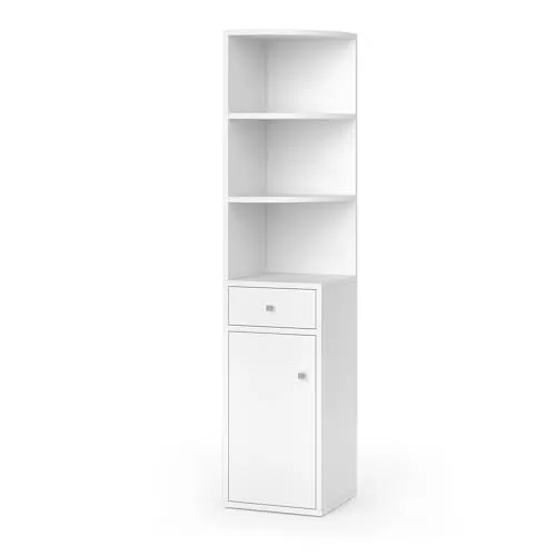 Vicco Eckregal Larry, Weiß, 30 x 135.5 cm - Eckregal mit 6 Ablageflächen, 1 Tür und 1 Schublade. Ideal für platzsparende Aufbewahrung in modernen Wohnräumen.