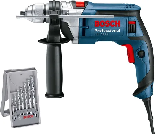 Bosch Professional Schlagbohrmaschine GSB 16 RE 750 W mit Bohrer-Set - Schlagbohrmaschine mit 750 W Leistung, ideal für präzises Bohren in Holz, Metall und Mauerwerk, inklusive umfangreichem Bohrer-Set für sofortige Einsatzbereitschaft.