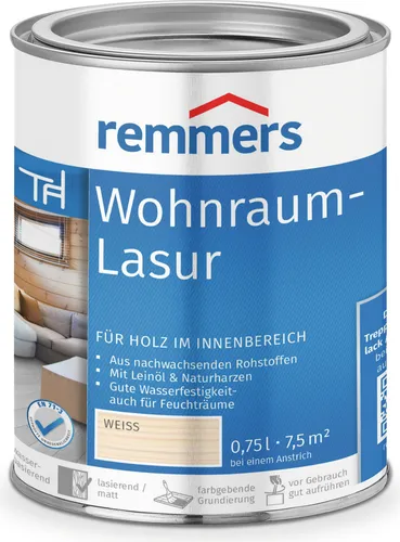 Remmers Wohnraum-Lasur weiß, 0,75 Liter - Beizen – Premium Holzlasur für innen mit Wasserbeständigkeit und Abperleffekt, ideal für Möbel, Böden, Innentüren und Treppen.