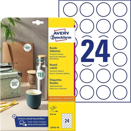 AVERY Zweckform 240 Etiketten L3415-10 weiß 40,0 x 40,0 mm
