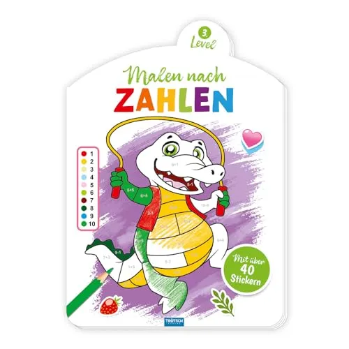 TRÖTSCH - Malen nach Zahlen - Level 3 | Malen nach Zahlen Malbuch zum Zahlenlernen mit nummerierten Flächen: Ausmalbuch mit Stickern zum Verschönern der Tiermotive | Ab 3 Jahren
