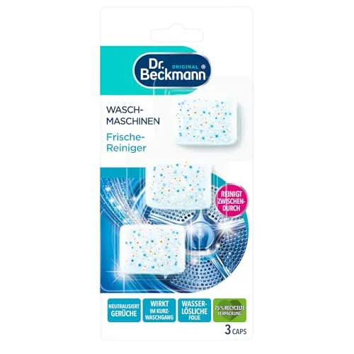 Dr. Beckmann Waschmaschinen Frische-Reiniger | Praktische Caps für die Maschinenpflege | 3 x 20 g - Praktische Caps zur einfachen Reinigung Ihrer Waschmaschine. Die innovative wasserlösliche Folie sorgt für Frische und Geruchsneutralisation. Ideal für schnelle Anwendungen und wirkt bereits bei niedrigen Temperaturen.
