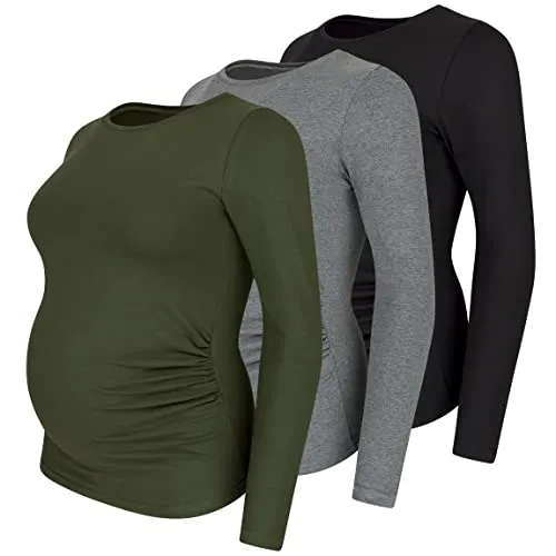 M.M.C. Umstandsshirt 3er Set unifarben Umstandsmode Schwangerschaft Schwangerschaftsshirt, Langarm (Schwarz, Dunkelgrau, Khaki, Large)