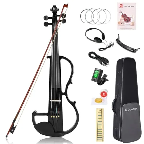 Vangoa 4/4 Elektrische Violine E Geige aus Massivem Holz Electric Stille Violine in Volle Größe mit Kolophonium, Tragetasche, Audiokabel, Schulterstütze, Bogen, Schwarz