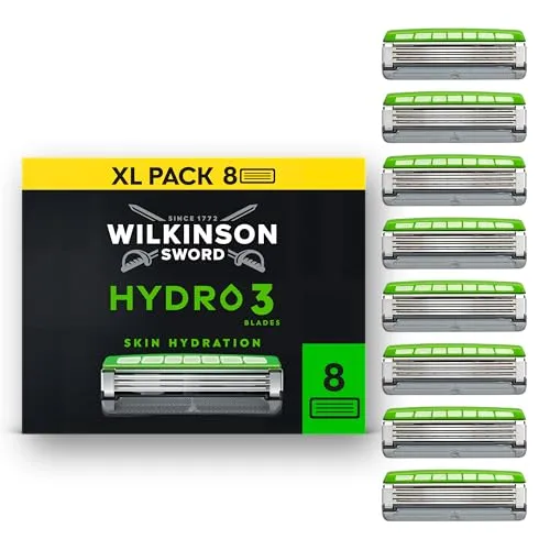 Wilkinson Sword Hydro 3 Herrenrasierer Klinge, 2 Gleitstreifen, karbonbeschichtete Klingen, Herrenrasierer Ersatzklingen-Pack, 8 Ersatzklingen
