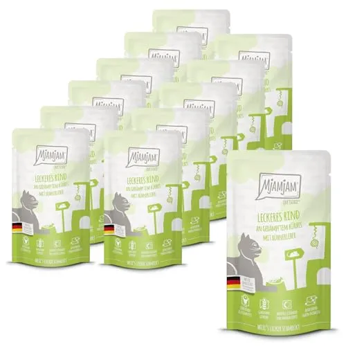 MjAMjAM - Premium Nassfutter für Katzen - Quetschie - leckeres Rind an gedämpftem Kürbis, 12er Pack (12 x 125 g), getreidefrei mit extra viel Fleisch