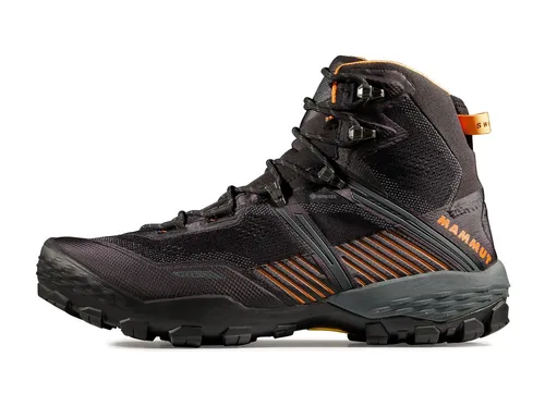 Mammut Ducan II High Wanderschuhe Herren - Black-Dark Tangerine, Größe 45 1/3 - Leistungsstarke, wind- und wasserdichte Wanderschuhe mit atmungsaktiver GORE-TEX Membran; ideal für jedes Terrain dank Flextron-Technologie und Federstahlsohle für effektive Dämpfung.