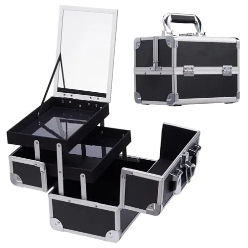 Kosmetikkoffer Schminkkoffer Makeup Koffer Kosmetik Make up Organizer Koffer Multikoffer mit Schlüssel und Spiegel Verschließbarer Friseurkoffer, Schwarz