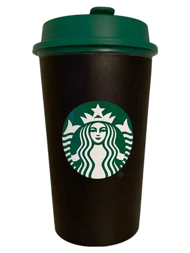STARBUCKS Schwarze recycelte Kaffeetasse, 354 ml hoch - Kaffeetassen & Becher, aus recycelten Materialien, lebensmittelecht und umweltfreundlich mit praktischem Gummistopfen im Deckel.