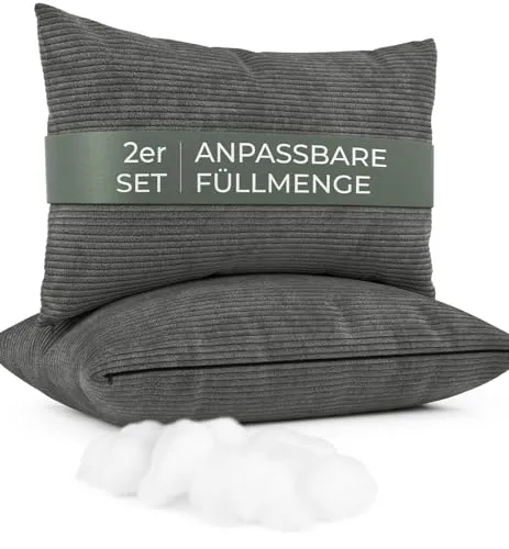 WELL B4 Sofakissen 2er Set Cord 40x60 cm - Zierkissen mit regulierbarer Dicke für optimalen Komfort, pflegeleichter Kordsamt Bezug in dunkelgrau, ideal zur Dekoration und Entspannung auf Sofa und Couch.
