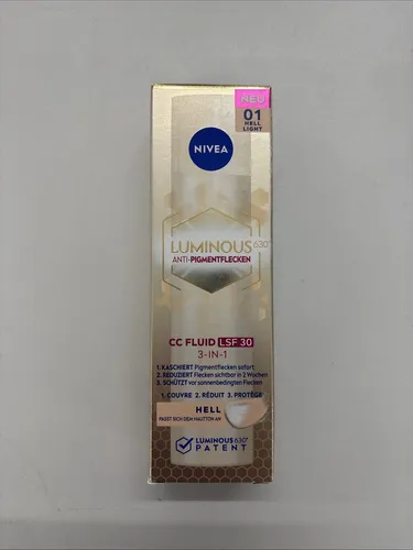 NIVEA Luminous 630 CC Fluid LSF 30 für helle Hauttöne - NIVEA Luminous 630 CC Fluid (40 ml) bietet eine getönte Tagespflege mit 3-in-1-Wirkung. Es kaschiert sofort Pigmentflecken, bietet Feuchtigkeit und schützt die Haut vor UV-Strahlen.