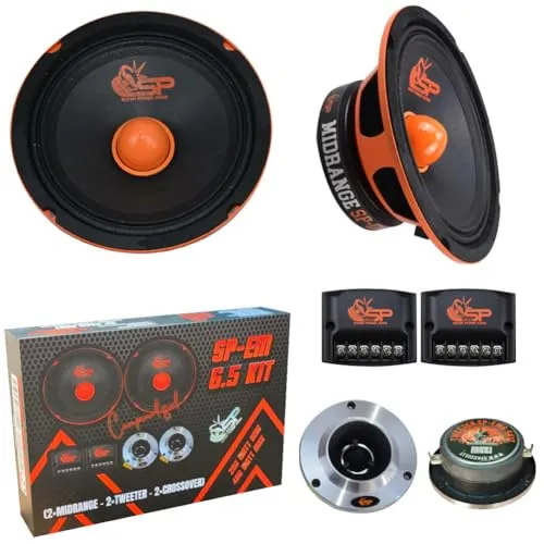 SP Audio SP-EM6.5 KIT, 1 kit 2-Wege-Lautsprecherset 16,5 cm 165 mm 6,5", 200 Watt RMS, 400 Watt Max., 4 Ohm, mit 2 Mitteltönern, 2 Hochtönern und 2 Frequenzweichen, Türen, für Autos, 1 Set