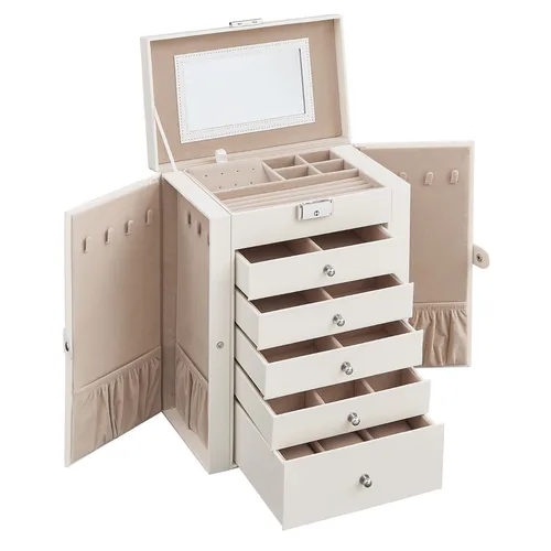 SONGMICS Schmuckkasten mit 6 Ebenen - Schmuckkästen, eleganter Schmuckkasten in Weiß mit seitlichen Klapptüren und viel Platz für Ihre Schmuckstücke.