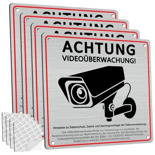Videoüberwachung Schild Privatgrundstück mit DSGVO Hinweis, 15x15cm - Robustes Metallschild zur Videoüberwachung, selbstklebend und vorgebohrt für einfache Montage. Ideal für Innen- und Außenbereiche, wetterfest und gut sichtbar.