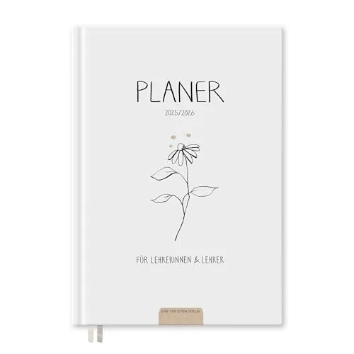 Eine der Guten Lehrerplaner 2025/2026, A5 Lehrerkalender, 2 Seiten pro Woche, Schuljahresplaner 25/26, leichtes Hardcover, Weiß Schwarz Beige mit Blume, nachhaltig & klimaneutral