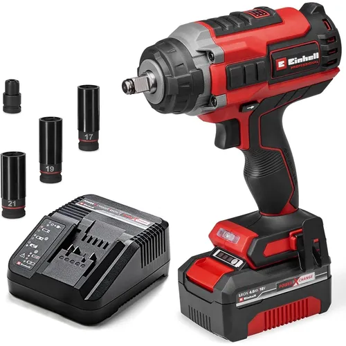 Einhell Professional Akku-Schlagschrauber IMPAXXO 18/450 - Akkuschrauber mit 450 Nm Drehmoment und bürstenlosem Motor für maximale Leistung. Inkl. 4 Ah Akku und Nuss-Set, ideal für präzises Arbeiten und Reifenwechsel.
