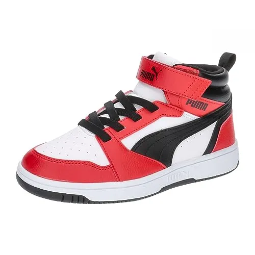 PUMA Kinder Rebound V6 Mid Sneakers 27, Weiß Schwarz für Aktive - Robuste Sneakers aus recycelten Materialien, ideal für aktive Kleinkinder. Der mittelhohe Kragen sorgt für Stabilität, während die Gummi-Sohle Langlebigkeit und Traktion bietet. Perfekt für erste Schritte und das Erkunden der Welt.