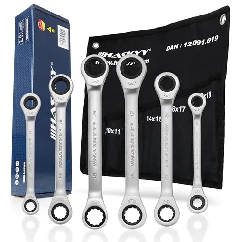HASKYY Ratschenringschlüssel Set 8-19mm, 6 tlg. metrisch - Werkzeug-Sets mit 6 tlg. Ringschlüsseln, feinverzahnte Ratsche und robustem Chrom Vanadium Stahl, ideal für professionelle Anwendungen.