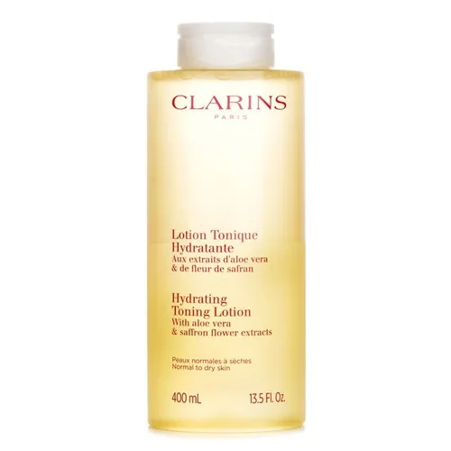 Clarins Hydrating Toning Lotion 400 ml - Gesichtsreinigung mit feuchtigkeitsspendender Wirkung, ideal für trockene und empfindliche Haut. Enthält natürlichen Aloe vera und Feige für ein strahlendes Hautbild.