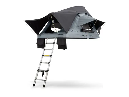 Juskys Autodachzelt Lago 140 x 240 cm - Komfortables Camping auf dem Fahrzeugdach - Zelt für Campingliebhaber, mit LED-Beleuchtung und Leiter - schlafe flexibel und spare Hotelkosten überall dort, wo du möchtest.