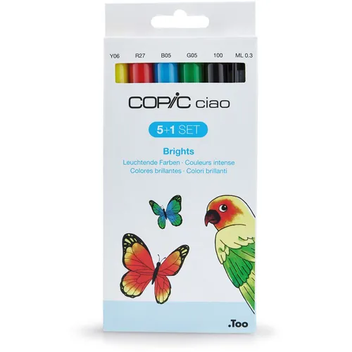 COPIC® Ciao 5+1 Layoutmarker-Set farbsortiert - Schreibutensilien mit 6 Stiften in verschiedenen Farben, ideal für kreative Layouts und Farbverläufe durch übereinanderlegbare Farben.