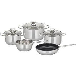 ELO 95005 Topfset 5-teilig aus Edelstahl - Hochwertiges 5-teiliges Topfset aus Edelstahl mit energiesparendem Kapselboden für schnelles Aufheizen und einer PFAS-freien Antihaftpfanne für gesundes Braten. Ideal für alle Herdarten, inklusive Induktion.