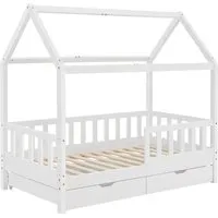 Juskys Kinderbett Marli STR OS - 200 x 90 cm, weiß mit Bettkasten und Rausfallschutz für sicheren Schlafspaß