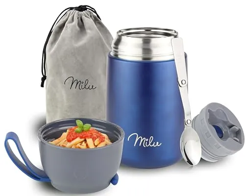 Milu® Thermobehälter für Essen 650ml - Thermobehälter mit doppelwandiger Vakuumisolierung, hält Speisen bis zu 9 Stunden warm. Ideal für unterwegs, mit integriertem Löffel und 100 % auslaufsicher.