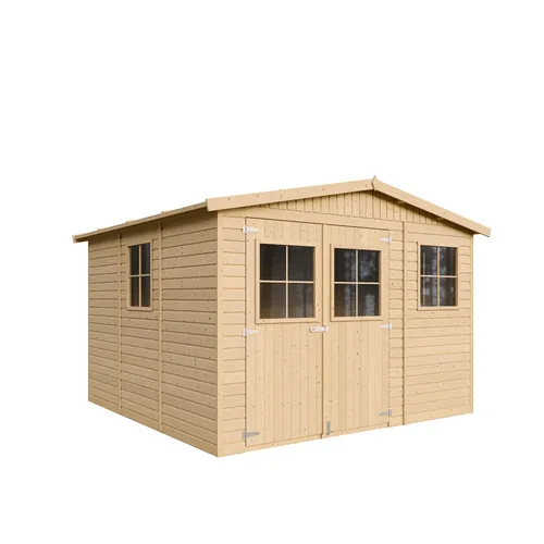 Holz Gartenschuppen TIMBELA M335 - 9 m² Abstellkammer mit Fenstern - Gerätehäuser mit 9 m² Lagerfläche, wasserdichtem Dach und hochwertiger Shiplap-Verkleidung für lange Lebensdauer. Ideal für Werkzeuge, Fahrräder und mehr im Garten.