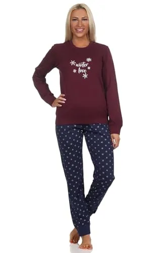 Normann Damen Langarm Schlafanzug Pyjama in Rot, Größe 40-42 - Schlafanzüge für Damen mit winterlicher Optik, aus weichem Jersey-Stoff für optimalen Tragekomfort und Bündchen, die ein Verrutschen verhindern. Ideal auch als gemütliche Homewear!