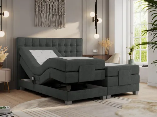 Boxspringbett mit Motor, elektrisch - 140x200cm - Dunkelgrau - H3 - Elegantes Boxspringbett mit elektrisch verstellbarem Kopfteil, 7-Zonen-Taschenfederkernmatratzen für optimalen Schlafkomfort und zwei praktische Bettkästen für Stauraum.