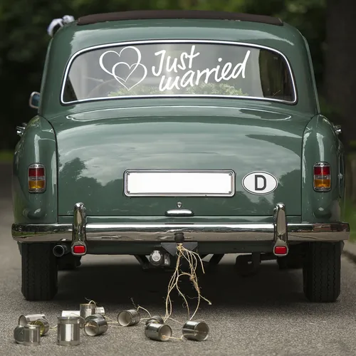 Just Married Folie Weiß Aufkleber Auto Heck Deko Hochzeit Banner Brautpaar KX055