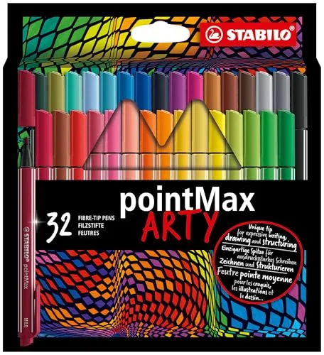 STABILO pointMax ARTY - 32er Pack Filzschreiber - Schreibutensilien mit 32 brillanten Farben, hohe Farbbrillanz und 24 Stunden Austrocknungsschutz ohne Kappe.