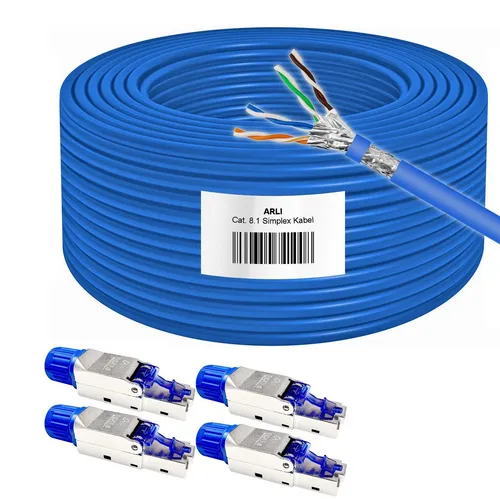 ARLI Cat8 Verlegekabel 50m mit 4x RJ45 Steckern - Hochleistungs-Netzwerkkabel für blitzschnelle Datenübertragung bis zu 40 Gbit/s, ideal für moderne Netzwerkinstallationen. Werkzeuglose Montage der RJ45 Stecker spart Zeit!