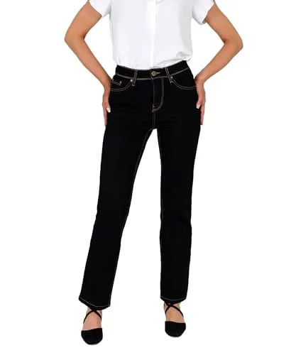 ESRA Damen Jeans Schwarz High Waist Straight Leg Hose - Die ESRA High Waist Jeans überzeugt mit weicher Baumwolle und hohem Tragekomfort. Ideal für jeden Anlass – casual oder chic. Erhältlich in normalen und Plus Size Größen. Ein Must-Have für jede Garderobe.