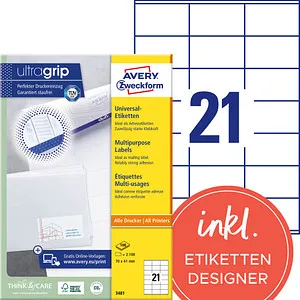 Zweckform 3481 Avery Etiketten 70 x 41mm - 2100 Stück - Adress-Etiketten für A4-Drucker, ideal für Stapelverarbeitung und Seriendruck. Starke Klebkraft und nachhaltig produziert, für alle gängigen Drucker geeignet.