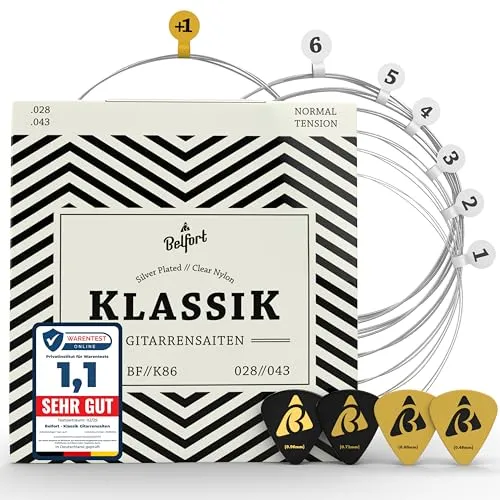 BELFORT® Gitarrensaiten für Konzertgitarre - 6-Saiten Set mit 4 Plektren und extra hoher E-Saite - Gitarren- & Bass-Zubehör: Profiqualität mit brillanter Klangqualität, optimaler Stimmstabilität und schmerzfreiem Spielgefühl für stundenlangen Spielspaß.