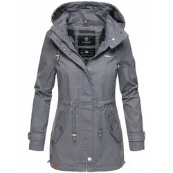 Marikoo Nyokoo Damen Übergangsjacke mit Kapuze - Femininer Funktionsparka aus 100% veganer Baumwolle, leicht tailliert und ideal für Frühling und Herbst. Mit abnehmbarer Kapuze und praktischen Taschen für Outdoor-Aktivitäten.