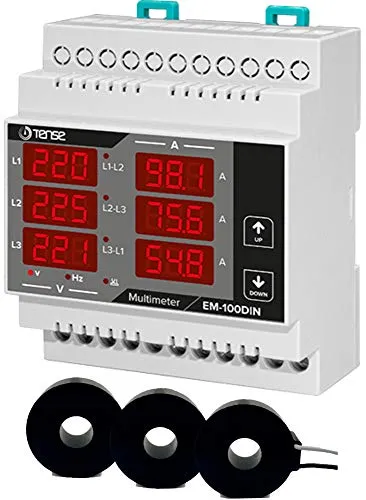 Tense Elektronik EM-100DIN Einbaumessgerät - Sonstige Messtechnik, vielseitig einsetzbares Multimeter für präzise 3-phasige Messungen von Strom, Spannung und Frequenz auf DIN-Schiene.