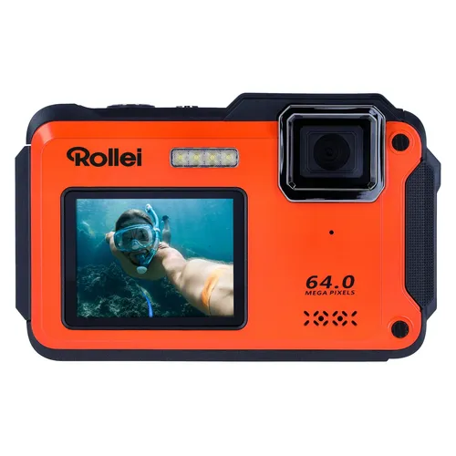 ROLLEI Sportsline 64 Unterwasserkamera Orange - Unterwasserkamera bis 5m, 64 MP Auflösung, 4K Video, großes 2.8" Display + 2.0" Frontdisplay für Selfies, auch als Webcam nutzbar.
