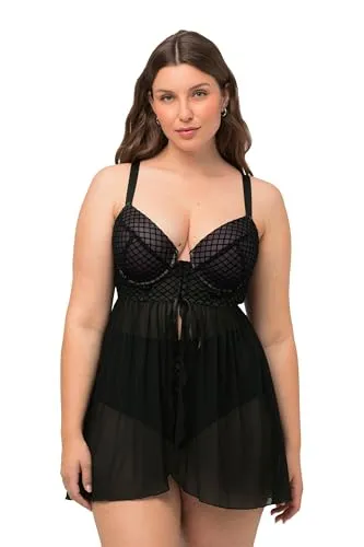 Ulla Popken Damen Babydoll, Softcups, Frontclosure, Velvet Nachthemd, schwarz, 100B