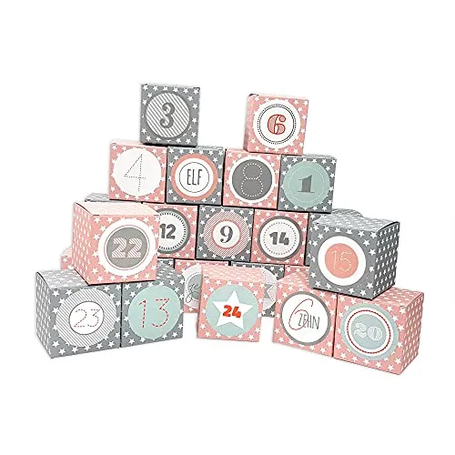 Frau WUNDERVoll® DIY Adventskalender Vorfreude zum Befüllen, Faltschachteln 12x rosa, weiße Sterne,12x grau, weiße Sterne 7x7x7cm(gefaltet),XL Ziffern pastell/Weihnachten, Würfelbox, Schachteln