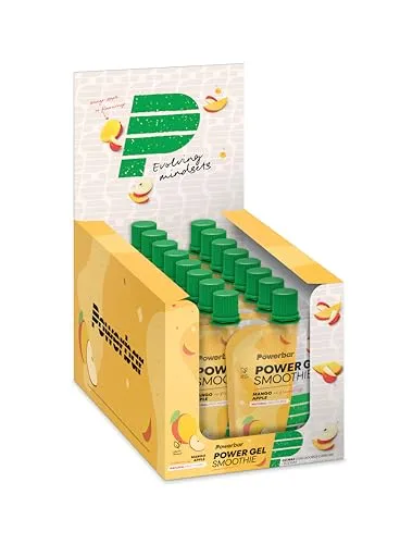 PowerBar PowerGel Smoothie Mango Apfel - 16x90g - Kohlenhydrat-Präparate mit 65% Früchten, vegan und ideal für Sportler. Liefert 30g Kohlenhydrate und 127 Kalorien pro Beutel für optimale Energie während des Trainings.