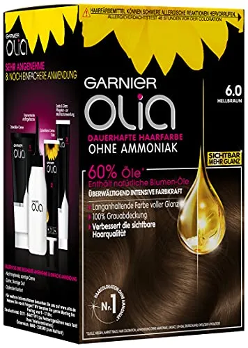 Garnier Olia Haarfarbe Nr. 6.0 Hellbraun - Dauerhafte Haarfarbe ohne Ammoniak, für strahlende Farben und intensive Pflege. 60% natürliche Öle sorgen für glänzendes Haar und vollständige Grauhaarabdeckung bis zu 8 Wochen.